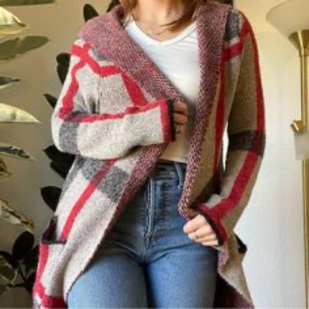 Joseph A Red and Gray Plaid Cardigan